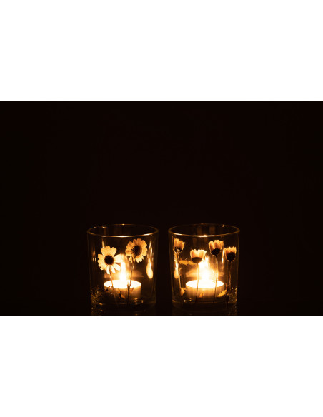Photophore Cylindrique Diamètre 7 cm en Verre Transparent Motif marguerites Chrysan (Lot de 2) - 3
