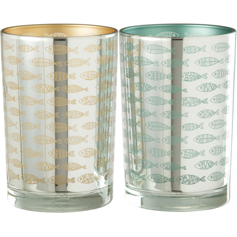 Photophore Cylindrique Diamètre 12 cm en Verre Argenté Bleu Beige Motif poissons Moana (Lot de 2) - 1