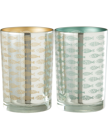 Photophore Cylindrique Diamètre 12 cm en Verre Argenté Bleu Beige Motif poissons Moana (Lot de 2) - 1