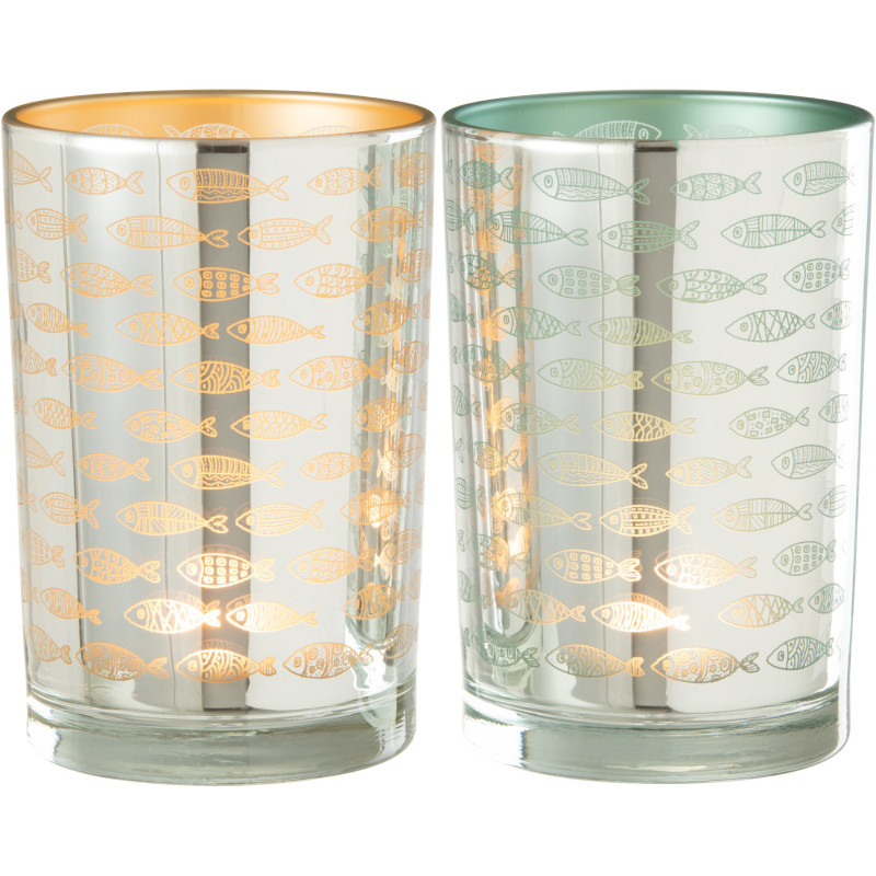 Photophore Cylindrique Diamètre 12 cm en Verre Argenté Bleu Beige Motif poissons Moana (Lot de 2) - 2