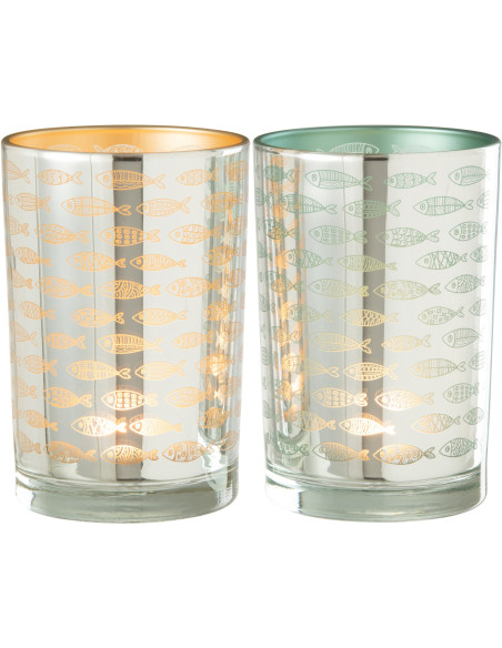 Photophore Cylindrique Diamètre 12 cm en Verre Argenté Bleu Beige Motif poissons Moana (Lot de 2) - 2