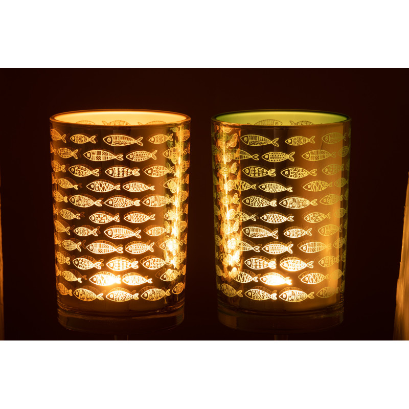 Photophore Cylindrique Diamètre 12 cm en Verre Argenté Bleu Beige Motif poissons Moana (Lot de 2) - 3