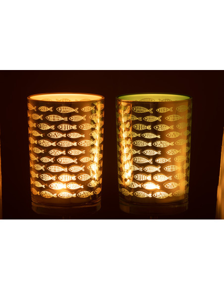 Photophore Cylindrique Diamètre 12 cm en Verre Argenté Bleu Beige Motif poissons Moana (Lot de 2) - 3