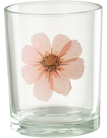 Photophore Cylindrique Diamètre 10 cm en Verre Transparent Rose Motif fleur Sauvano - 1