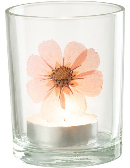 Photophore Cylindrique Diamètre 10 cm en Verre Transparent Rose Motif fleur Sauvano - 2