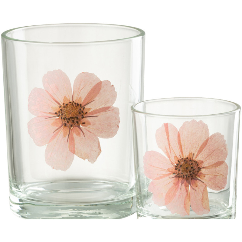 Photophore Cylindrique Diamètre 10 cm en Verre Transparent Rose Motif fleur Sauvano - 4
