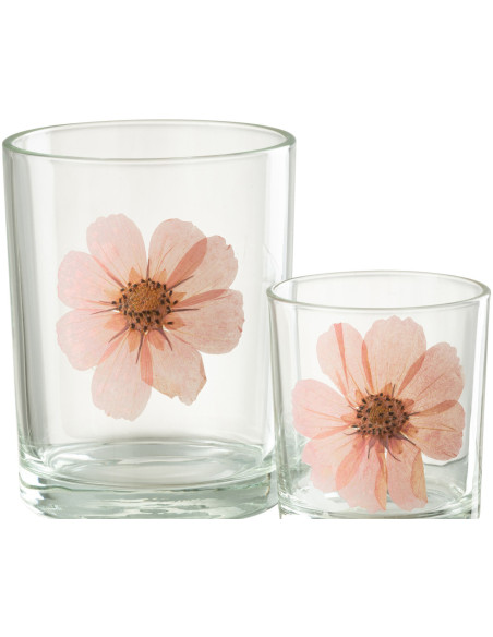 Photophore Cylindrique Diamètre 10 cm en Verre Transparent Rose Motif fleur Sauvano - 4