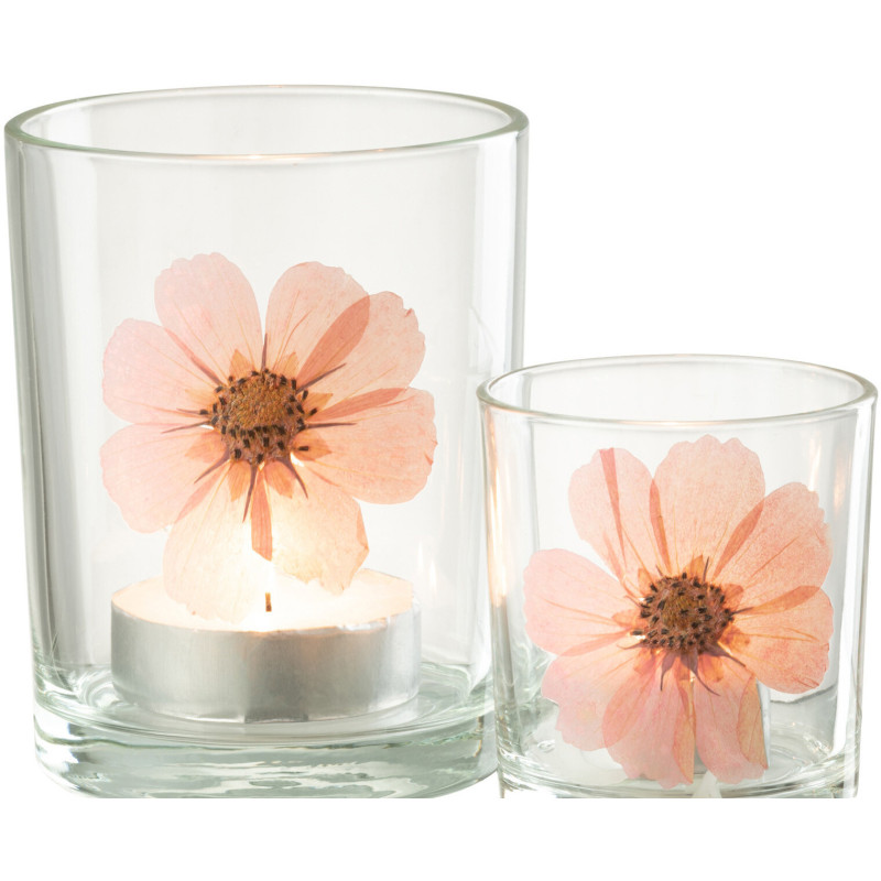 Photophore Cylindrique Diamètre 10 cm en Verre Transparent Rose Motif fleur Sauvano - 5