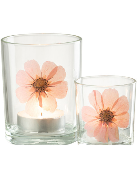 Photophore Cylindrique Diamètre 10 cm en Verre Transparent Rose Motif fleur Sauvano - 5