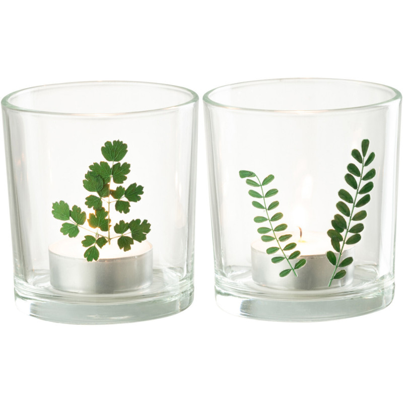 Photophore Cylindrique Diamètre 7 cm en Verre Transparent Vert Motif feuilles Ceres (Lot de 2) - 3