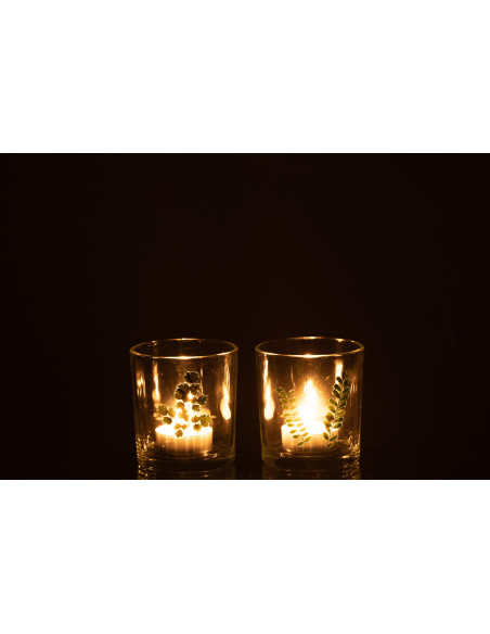 Photophore Cylindrique Diamètre 7 cm en Verre Transparent Vert Motif feuilles Ceres (Lot de 2) - 4