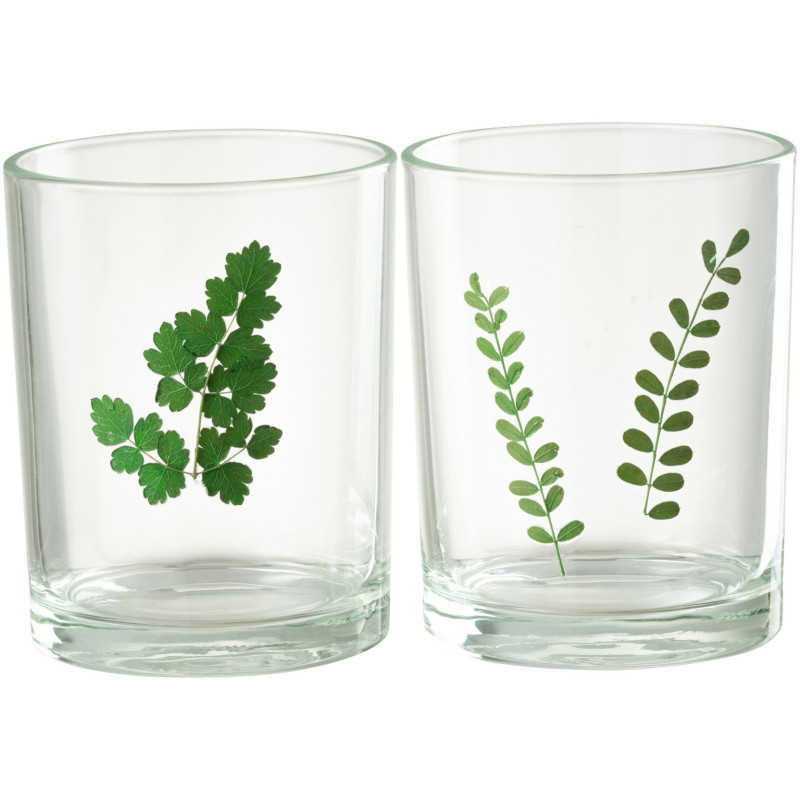 Photophore Cylindrique Diamètre 10 cm en Verre Transparent Vert Motif feuilles Ceres (Lot de 2) - 1