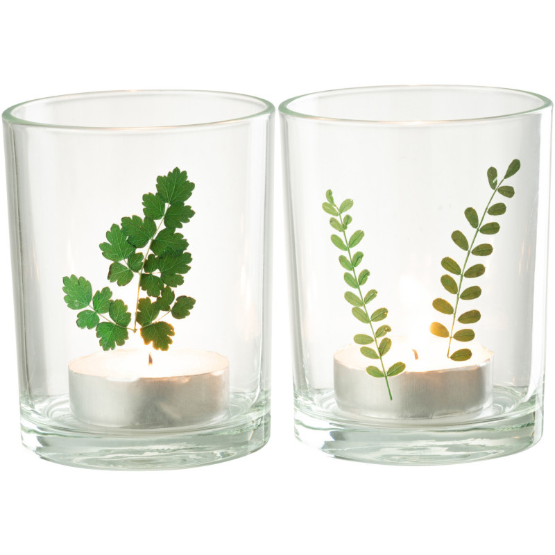 Photophore Cylindrique Diamètre 10 cm en Verre Transparent Vert Motif feuilles Ceres (Lot de 2) - 3
