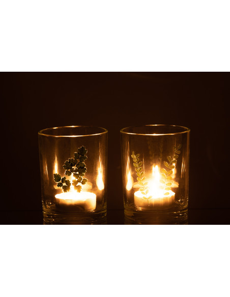 Photophore Cylindrique Diamètre 10 cm en Verre Transparent Vert Motif feuilles Ceres (Lot de 2) - 4