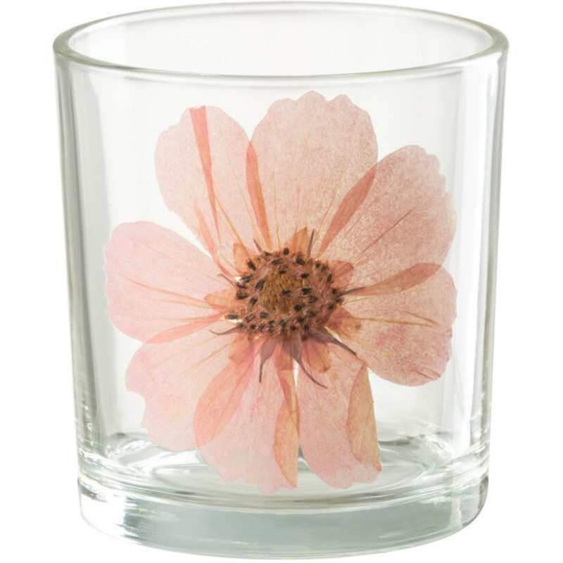 Photophore Cylindrique Diamètre 7 cm en Verre Transparent Rose Motif fleur Sauvano - 1