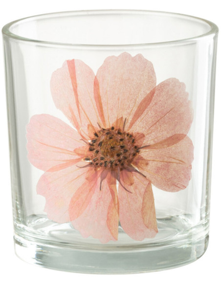 Photophore Cylindrique Diamètre 7 cm en Verre Transparent Rose Motif fleur Sauvano - 1