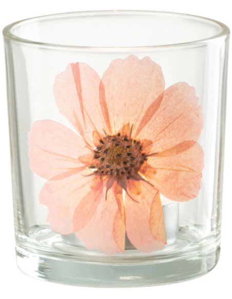 Photophore Cylindrique Diamètre 7 cm en Verre Transparent Rose Motif fleur Sauvano - 2