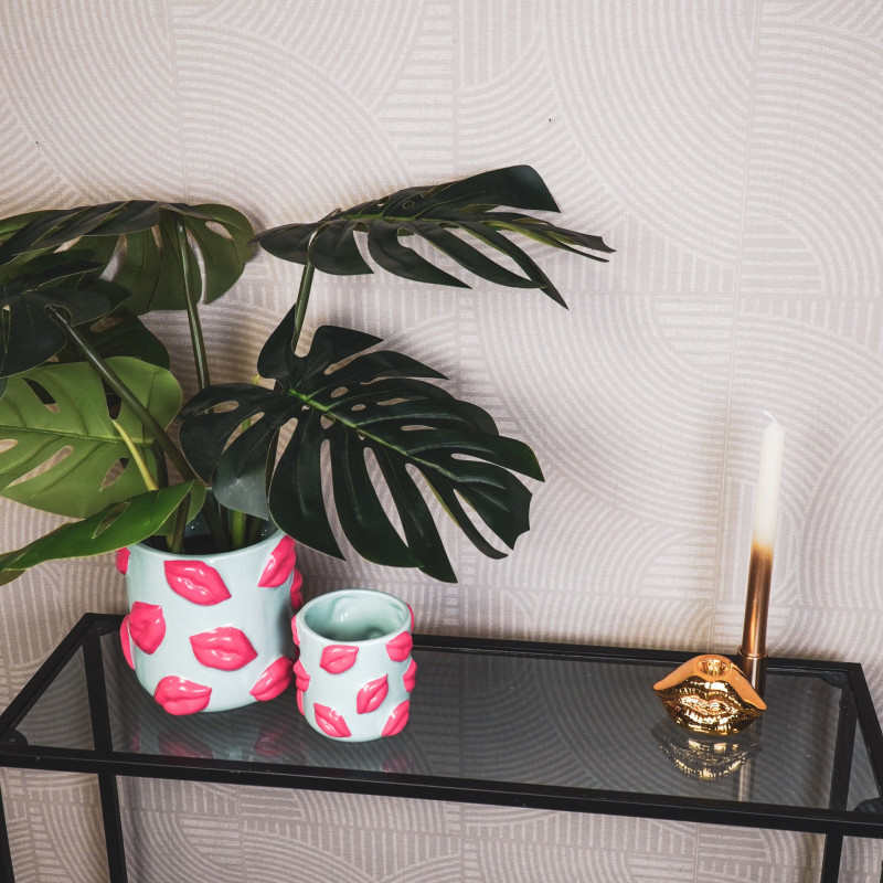 Petit Cache-pot original Lèvres Rond Diamètre 11 cm en Céramique Vert menthe Rose Kisses - 2