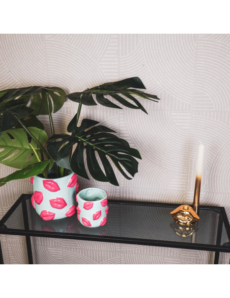 Petit Cache-pot original Lèvres Rond Diamètre 11 cm en Céramique Vert menthe Rose Kisses - 2