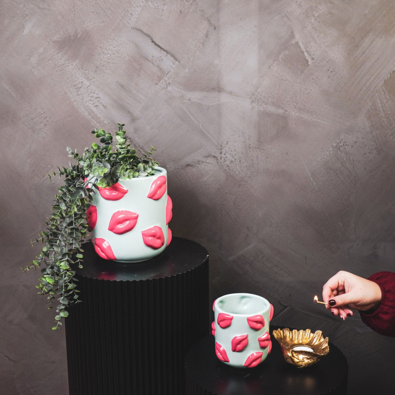 Petit Cache-pot original Lèvres Rond Diamètre 11 cm en Céramique Vert menthe Rose Kisses - 3