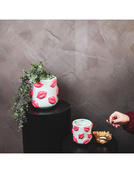 Petit Cache-pot original Lèvres Rond Diamètre 11 cm en Céramique Vert menthe Rose Kisses - 3