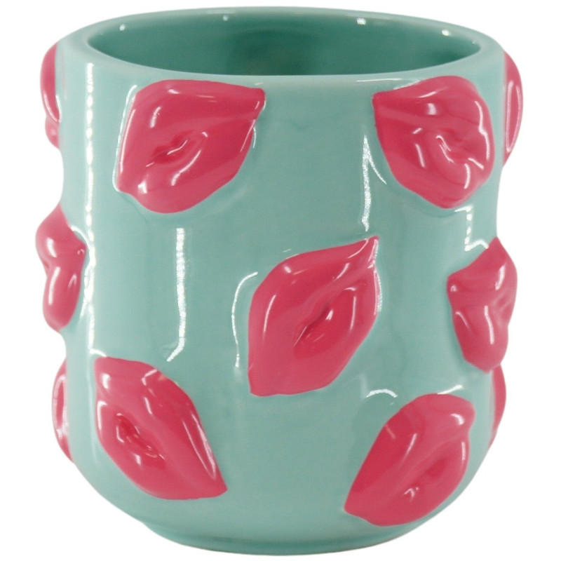 Petit Cache-pot original Lèvres Rond Diamètre 11 cm en Céramique Vert menthe Rose Kisses - 1
