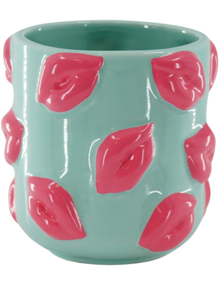 Petit Cache-pot original Lèvres Rond Diamètre 11 cm en Céramique Vert menthe Rose Kisses - 1