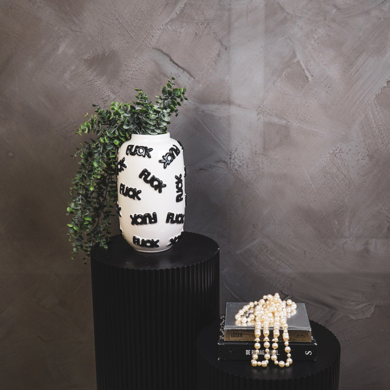 Vase original Rond Hauteur 27 cm en Céramique Blanc Noir Fuck - 3