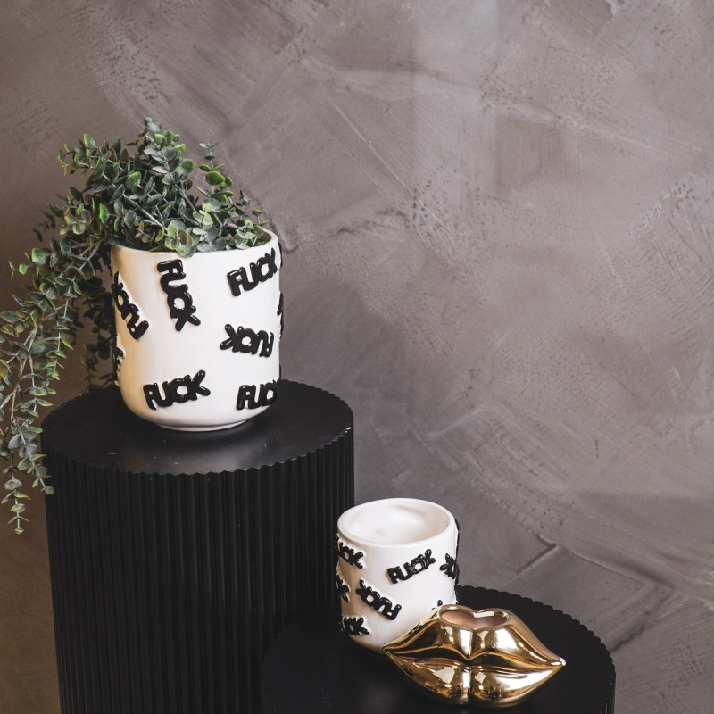 Petit Cache-pot original Rond Diamètre 11 cm en Céramique Blanc Noir Fuck - 2