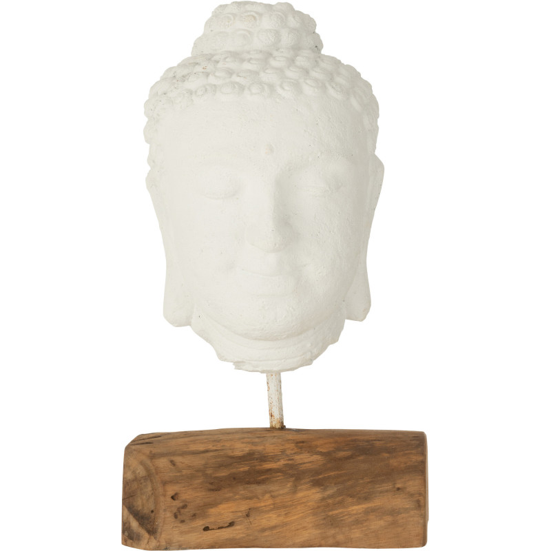 Décoration sur pied Tête de bouddha Hauteur 45 cm en Ciment Blanc Bois de teck Naturel Elna - 1
