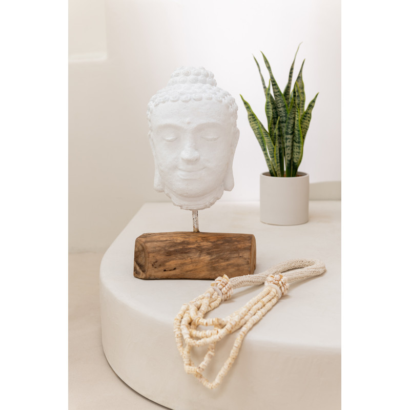 Décoration sur pied Tête de bouddha Hauteur 45 cm en Ciment Blanc Bois de teck Naturel Elna - 2
