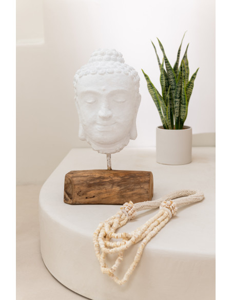 Décoration sur pied Tête de bouddha Hauteur 45 cm en Ciment Blanc Bois de teck Naturel Elna - 2