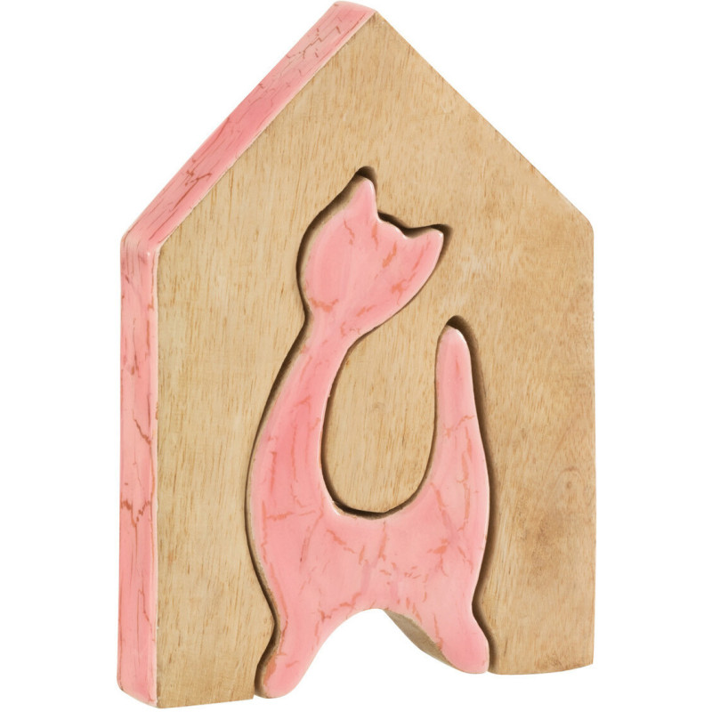 Objet déco à poser Chat Maison Hauteur 18 cm en Bois de manguier Rose Naturel Abra - 1