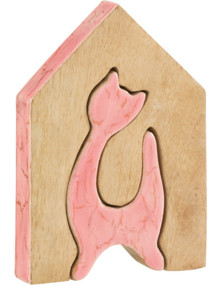 Objet déco à poser Chat Maison Hauteur 18 cm en Bois de manguier Rose Naturel Abra - 1