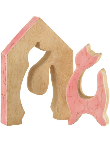 Objet déco à poser Chat Maison Hauteur 18 cm en Bois de manguier Rose Naturel Abra - 3
