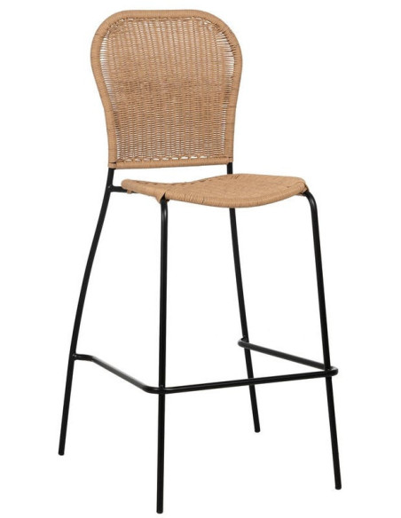 Tabouret de bar extérieur vintage en Rotin polyéthylène Naturel Tressé Métal Noir Evar (Lot de 2) - 1