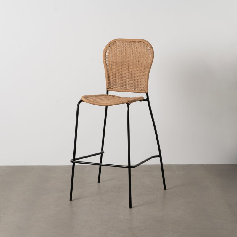 Tabouret de bar extérieur vintage en Rotin polyéthylène Naturel Tressé Métal Noir Evar (Lot de 2) - 2