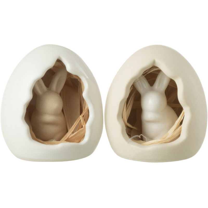 Objet déco à poser Lapin dans oeuf Hauteur 7 cm en Porcelaine Blanc Beige Raphia Brett (Lot de 2) - 1