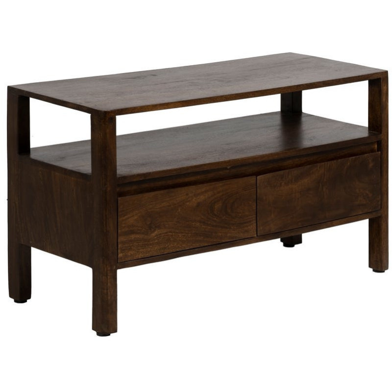 Meuble télé moderne 2 tiroirs 1 étagère en Bois de manguier Marron foncé Kurt - 1