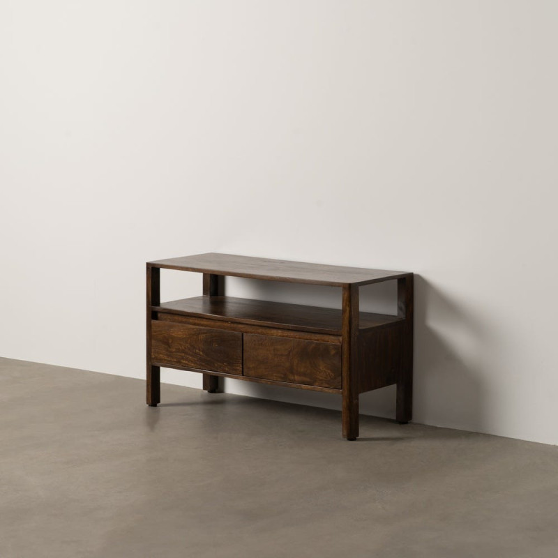 Meuble télé moderne 2 tiroirs 1 étagère en Bois de manguier Marron foncé Kurt - 2