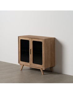 Petit Buffet moderne Bas 2 portes en Bois de manguier Naturel Verre Noir Semi transparent Burnie - 2