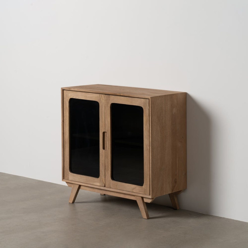 Petit Buffet moderne Bas 2 portes en Bois de manguier Naturel Verre Noir Semi transparent Burnie - 2