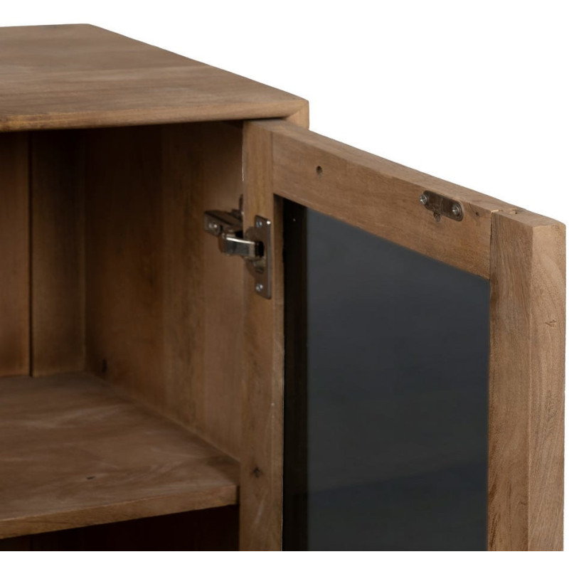 Petit Buffet moderne Bas 2 portes en Bois de manguier Naturel Verre Noir Semi transparent Burnie - 5
