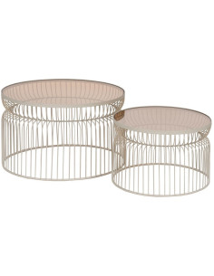 Table basse moderne grillage Ronde en Métal Blanc crème Verre Transparent Henia (Lot de 2) - 1