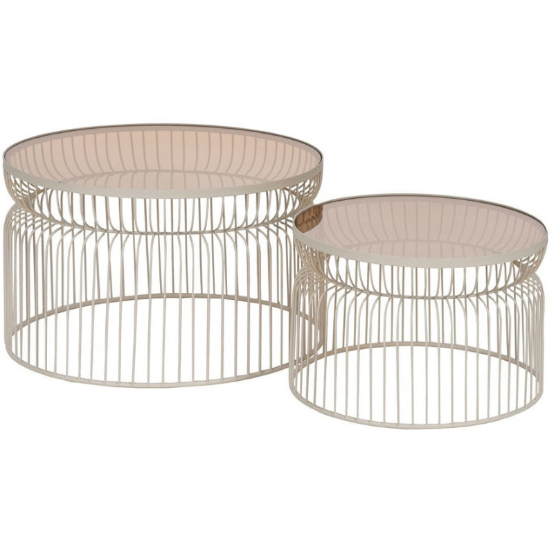 Table basse moderne grillage Ronde en Métal Blanc crème Verre Transparent Henia (Lot de 2) - 1