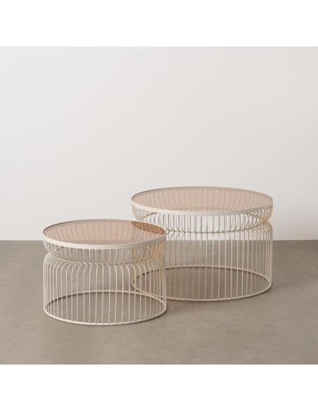 Table basse moderne grillage Ronde en Métal Blanc crème Verre Transparent Henia (Lot de 2) - 4