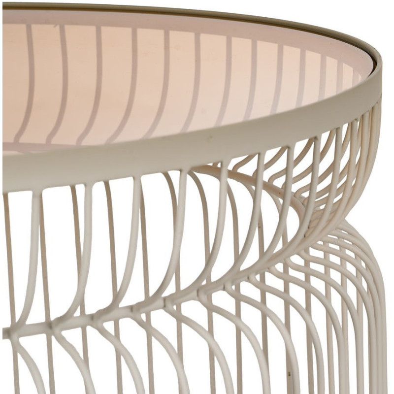 Table basse moderne grillage Ronde en Métal Blanc crème Verre Transparent Henia (Lot de 2) - 2