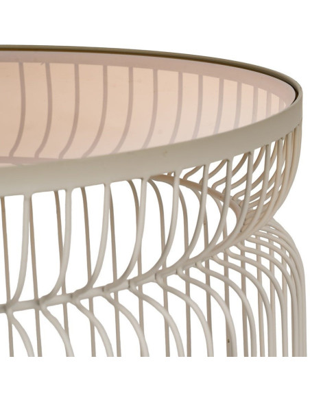 Table basse moderne grillage Ronde en Métal Blanc crème Verre Transparent Henia (Lot de 2) - 2