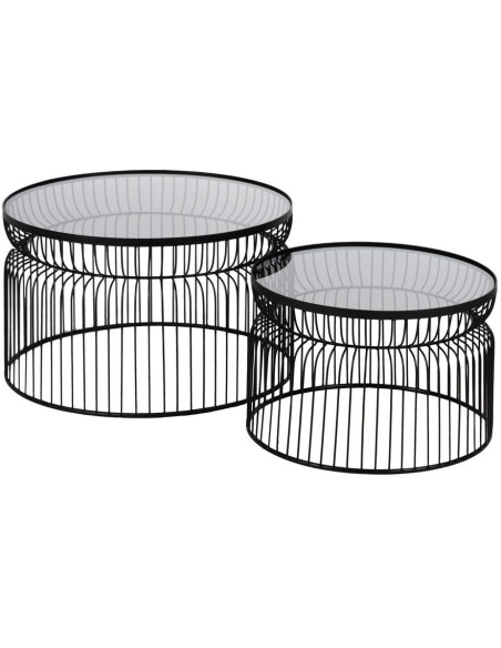 Table basse moderne grillage Ronde en Métal Noir Verre Transparent Henia (Lot de 2) - 1