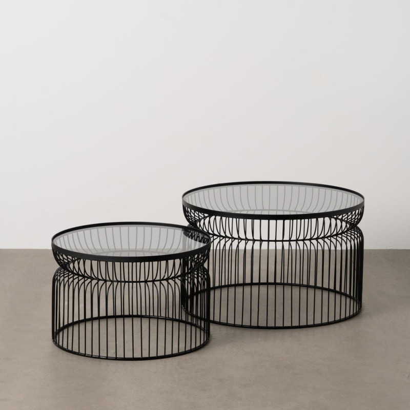 Table basse moderne grillage Ronde en Métal Noir Verre Transparent Henia (Lot de 2) - 5